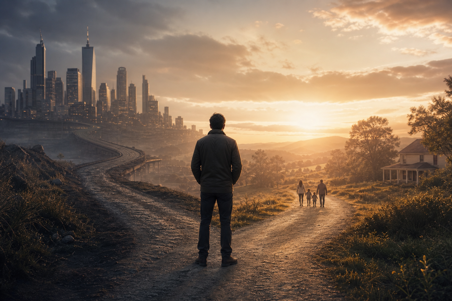 A contemplative editorial-style image of a person standing at a crossroads at dawn, looking from a distant city skyline and towering ambition symbols toward a warmer, calmer landscape with a home, trees, and loved ones in the distance; subtle visual metaphor of an old path fading into a new path, showing transformation and evolving priorities, gentle light, hopeful mood, cinematic composition, realistic details, soft atmospheric haze, muted yet warm color palette, no text, no logos, no branding