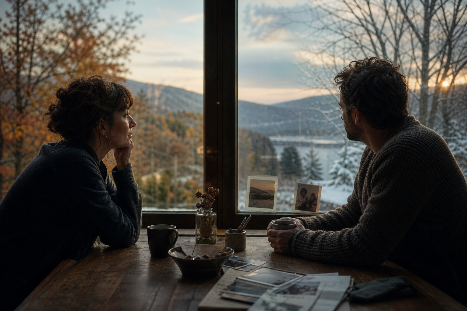Create a contemplative editorial-style image of two adults in a quiet, intimate setting, seated a short distance apart at a window overlooking a softly changing landscape, suggesting a relationship that is evolving over time. Show subtle visual metaphors of change: layered light, faint reflections, seasonal transitions blending outside the window, and small personal details that hint at shared history. The mood should be tender, reflective, and emotionally nuanced, with a sense of patience, curiosity, and renewal rather than romance cliché. Use natural light, muted warm tones with gentle cool accents, shallow depth of field, realistic textures, and a cinematic composition that feels intimate and thoughtful. No text, no captions, no logos.