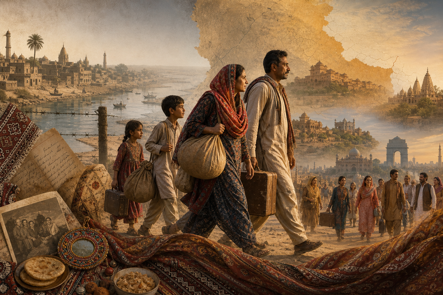 Create a poignant editorial-style illustration about Sindhi displacement after the 1947 Partition: a layered composition showing a family carrying suitcases and wrapped belongings as they move forward into a new life in India, while behind them the homeland of Sindh remains as a distant, fading landscape across a border-like divide. Blend symbolic elements of memory and identity—an old map fragment, flowing fabric, traditional Sindhi motifs, handwritten-looking but unreadable diary pages, and subtle traces of language, food, and celebration—into the scene. Show Rajasthan, Gujarat, Maharashtra, Madhya Pradesh, and Delhi as softly suggested destinations in the background, with the feeling of rebuilding, resilience, and belonging rather than loss alone. Use warm earth tones, muted vintage colors, and gentle cinematic lighting; realistic yet poetic, emotionally resonant, with depth, texture, and a dignified human focus. No text, no captions, no logos.