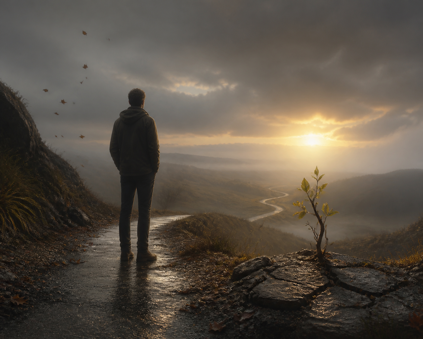 An editorial-style conceptual illustration of a solitary person standing on a quiet path at dawn, looking toward a distant horizon where a subtle golden light breaks through heavy gray clouds, symbolizing fragile hope and choosing optimism despite uncertainty. Include visual metaphors of life’s unpredictability: a cracked yet growing sapling beside the path, faint falling leaves, and a winding road disappearing into mist. Mood is contemplative, bittersweet, and quietly hopeful. Cinematic composition, soft natural light, muted earth tones with a warm glow ahead, realistic painterly detail, atmospheric depth, minimalist background, no text, no symbols, no branding.