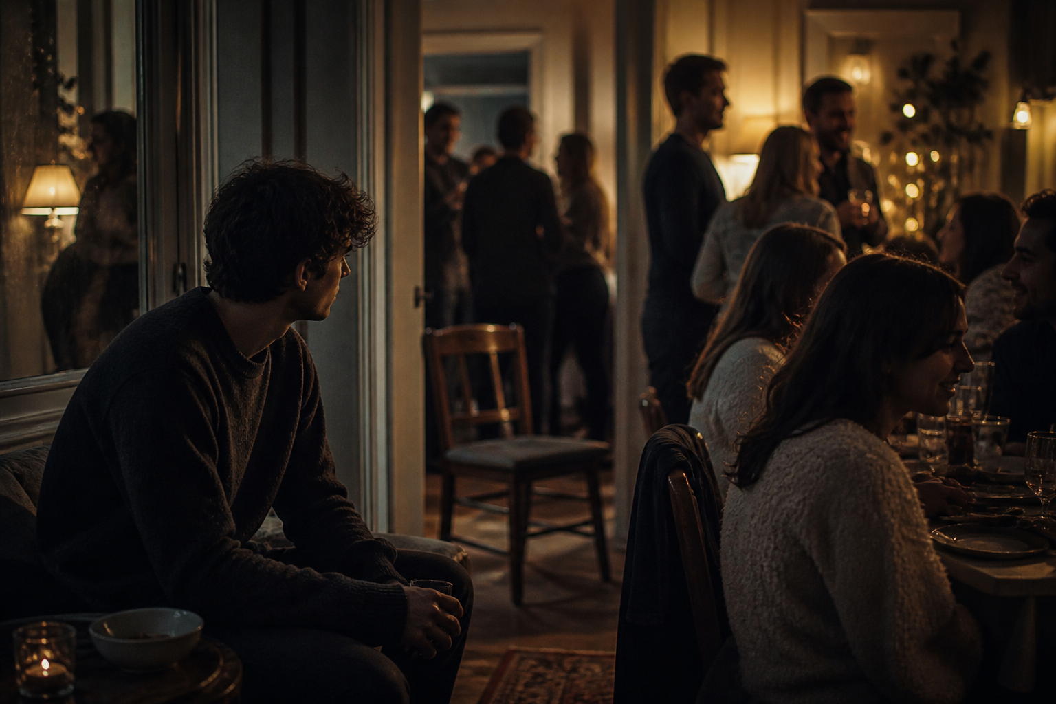Create a cinematic editorial-style image of a solitary young adult seated quietly at the edge of a warmly lit gathering, surrounded by friends and family in soft focus who are laughing and connecting in small groups, while no one appears intentionally cruel or hostile. The central figure is present but emotionally distant, slightly separated by composition and shadow, gazing toward an empty chair or doorway as if wondering whether they belong. Use muted blue-gray tones around the person contrasted with gentle amber light on the surrounding people, conveying the difference between being loved and feeling chosen. Subtle reflections, shallow depth of field, natural body language, restrained melancholy, intimate psychological realism, atmospheric lighting, sophisticated magazine illustration photography, no visible text, captions, logos, or branding.