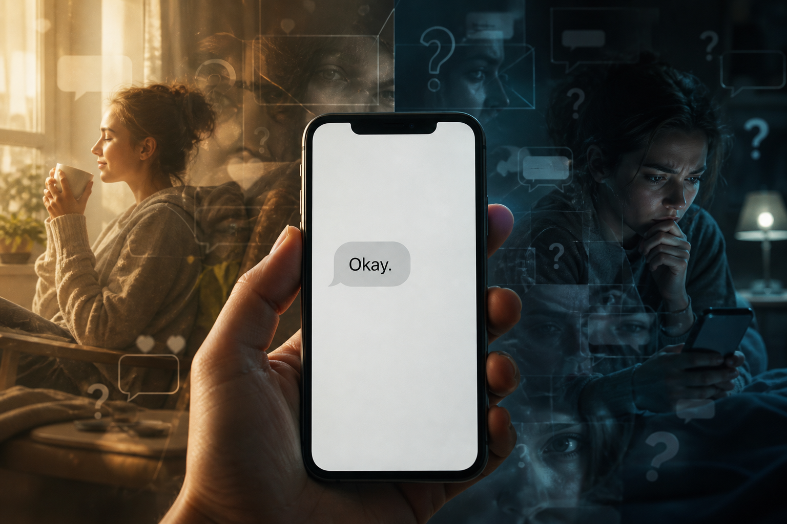 Editorial conceptual illustration of modern texting ambiguity: a close-up smartphone in the foreground showing a single gray chat bubble that says “Okay.” with no other visible text, while behind it a subtle double-exposure scene contrasts two emotional interpretations of the same message—one side warm, calm, and secure with soft natural light, the other side cool, tense, and anxious with a dim room and a pensive person staring at the phone; include faint abstract overlays of question marks, chat bubbles, and fragmented reflections to suggest missing tone and emotional projection, cinematic composition, realistic lighting, muted color palette with warm-vs-cool contrast, clean contemporary style, high detail, no branding, no logos, no extra captions or text beyond the single message bubble.